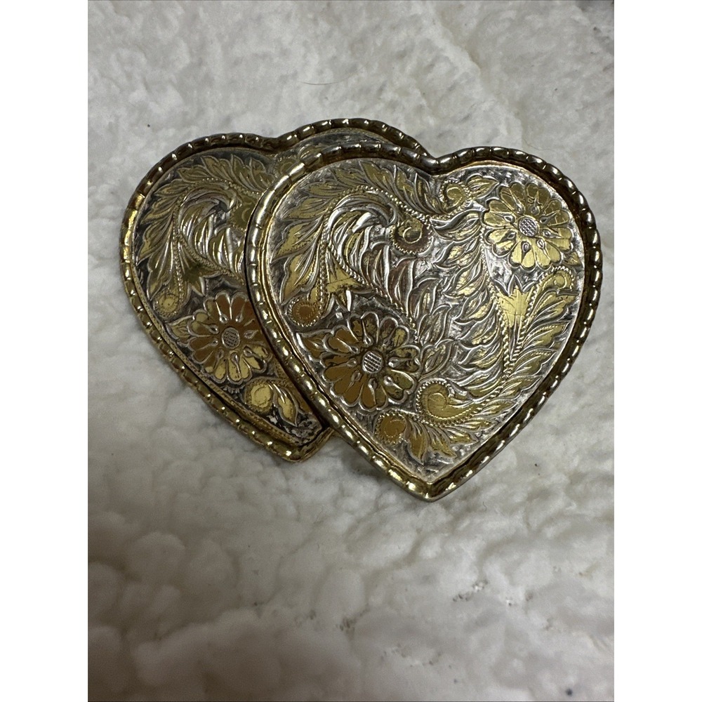 Double Heart Flowers Petals Gold & Silver Tone Cowgirl Western Wear Belt Buckle
